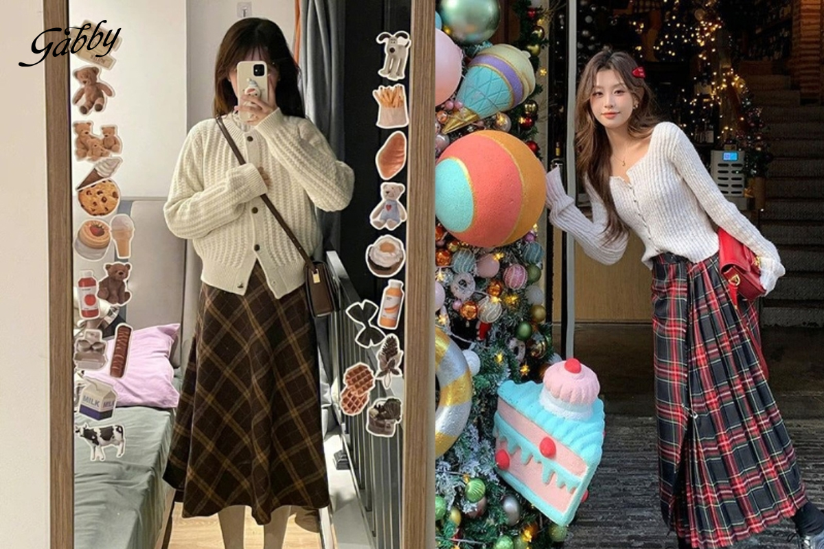 Chân váy caro dài phối áo cardigan nhẹ nhàng