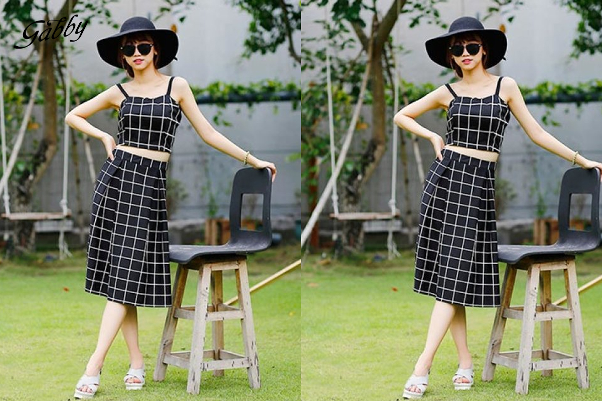 Chân váy caro dài phối áo croptop hiện đại