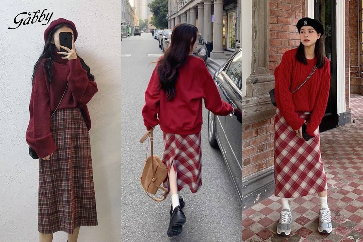 Chân váy caro dài phối áo hoodie,Sweatshirt