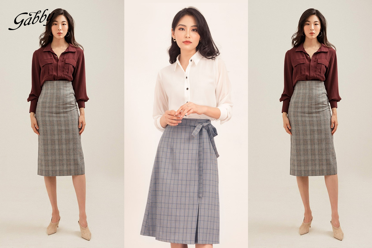 Chân váy caro dài phối áo sơ mi thanh lịch