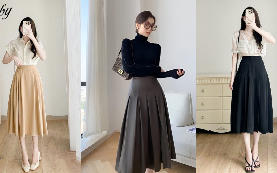 chân váy xếp ly dài mặc với áo gì