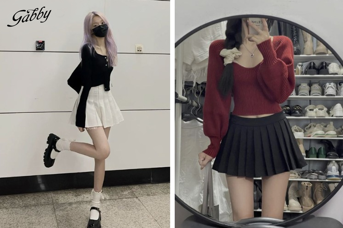 Mix áo len croptop với chân váy xếp ly ngắn