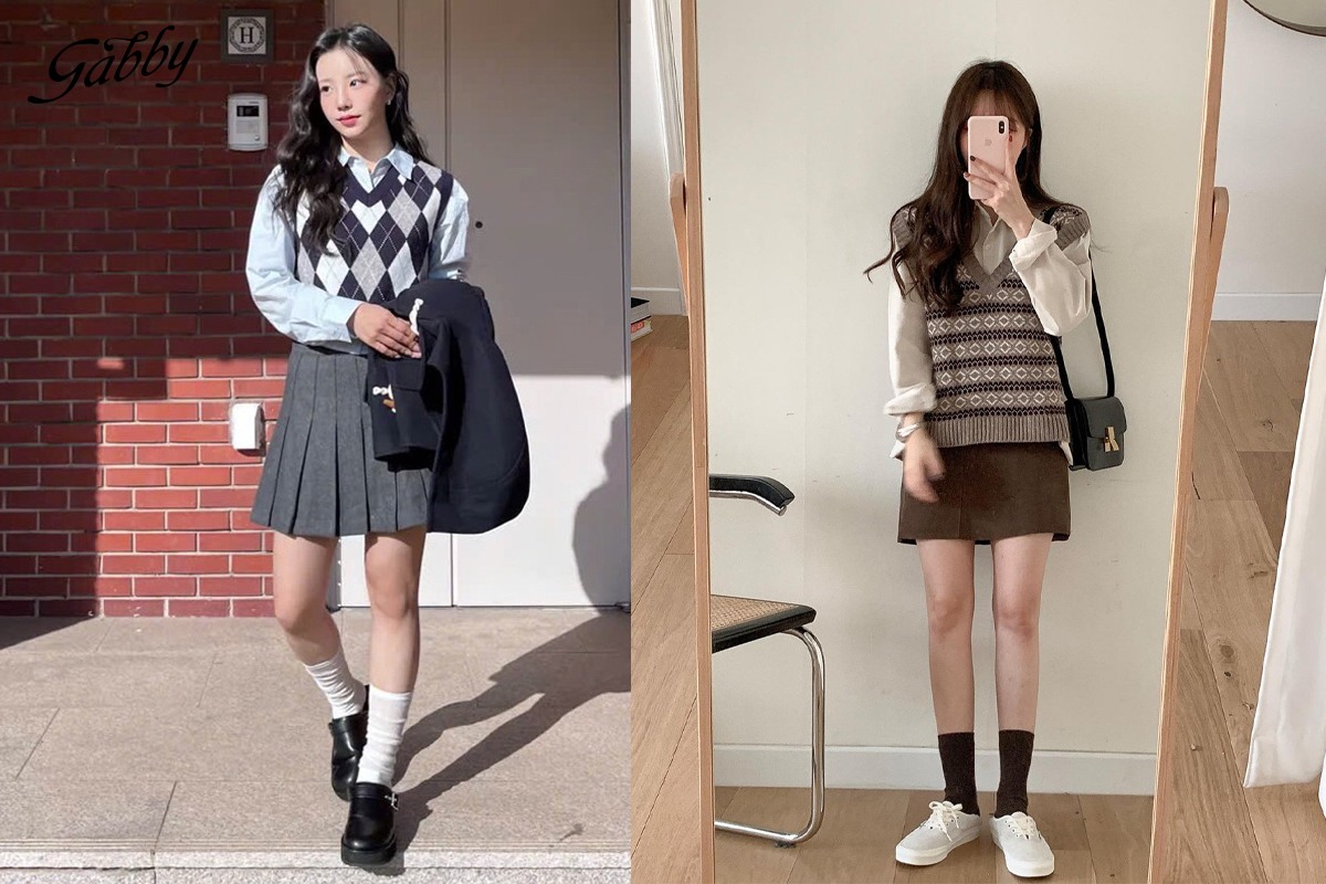 Mix áo len gile với chân váy xếp ly