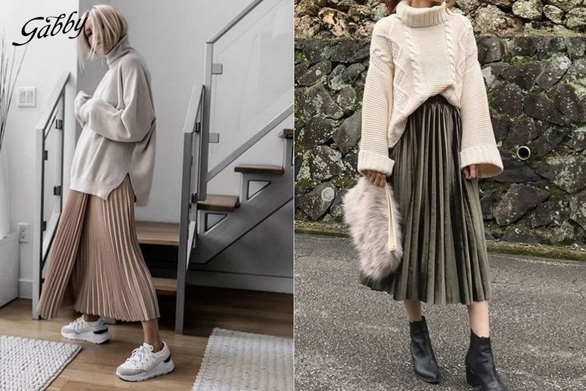 mix áo len với chân váy xếp ly dài