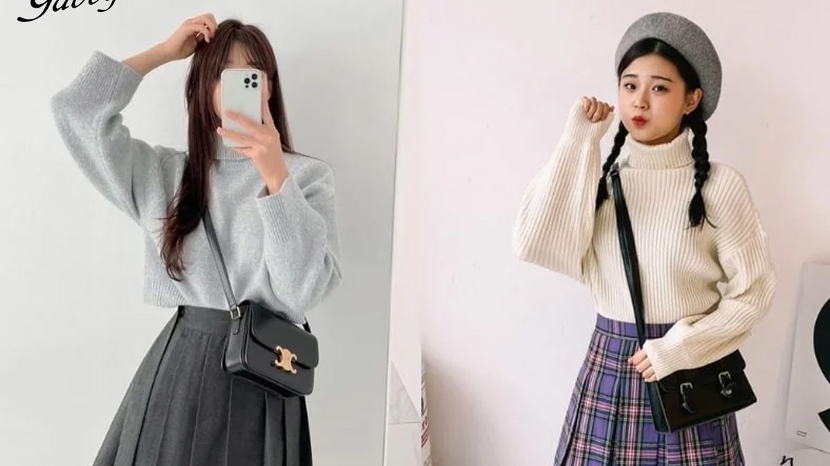 mix áo len với chân váy xếp ly