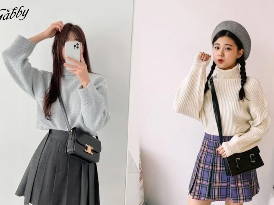 mix áo len với chân váy xếp ly