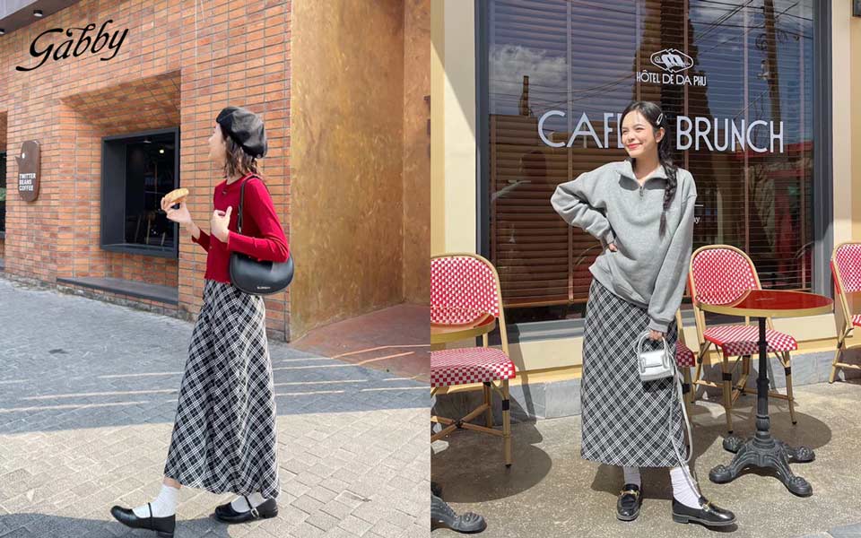 Chân váy kẻ caro đen trắng dài từ Gabby