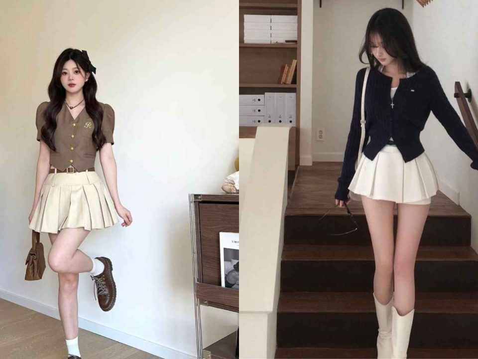 Chân váy xếp ly ngắn đi giày