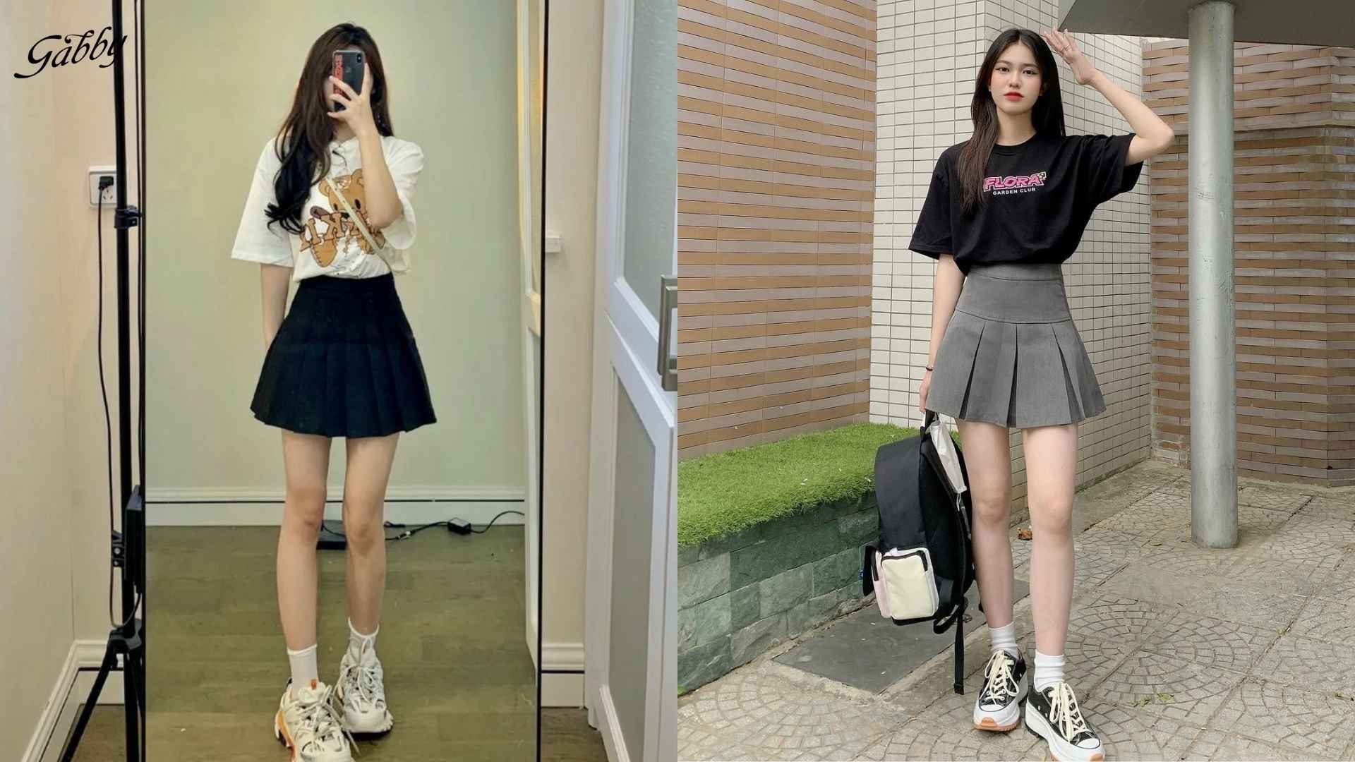 Chân váy xếp ly ngắn đi giày Sandal Thể Thao