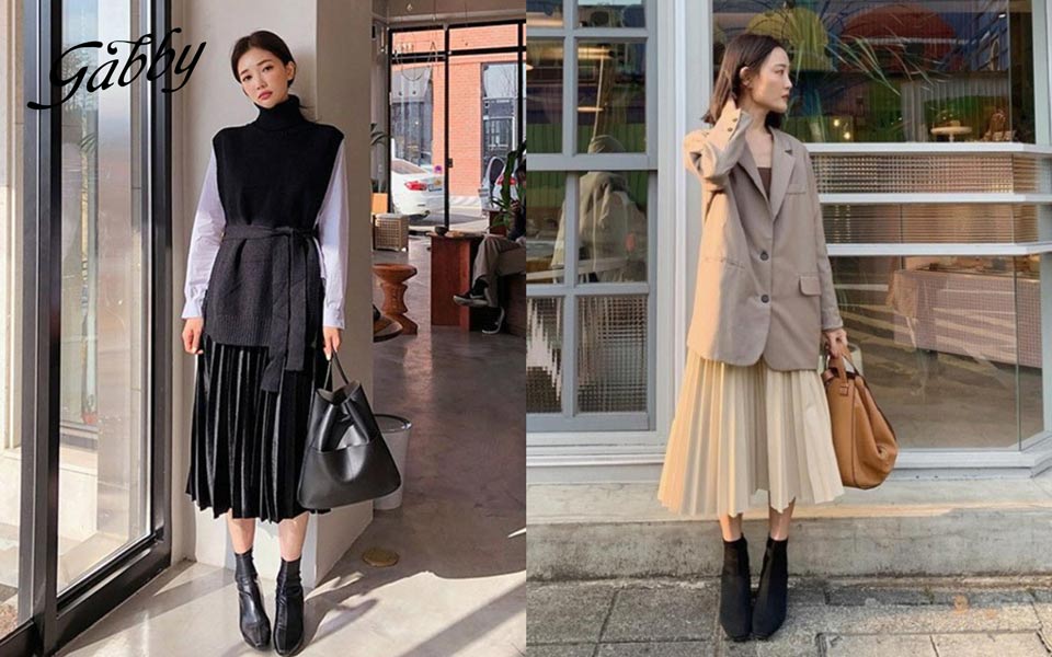 Phối đồ mùa đông với chân váy xếp ly dài