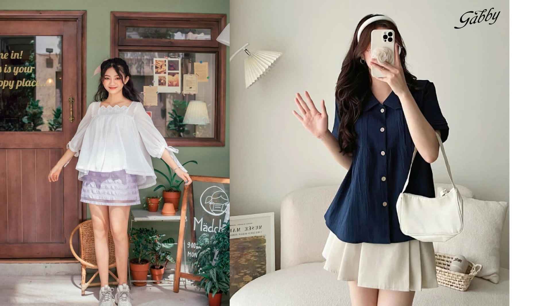 Áo baby doll tay phồng phối với chân váy