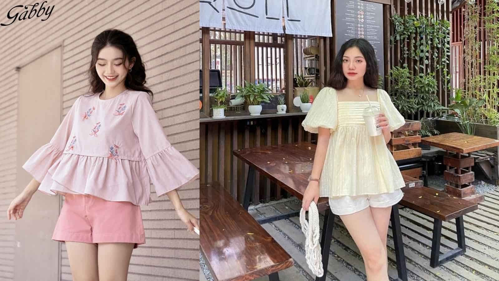 Áo baby doll tay phồng phối với quần short