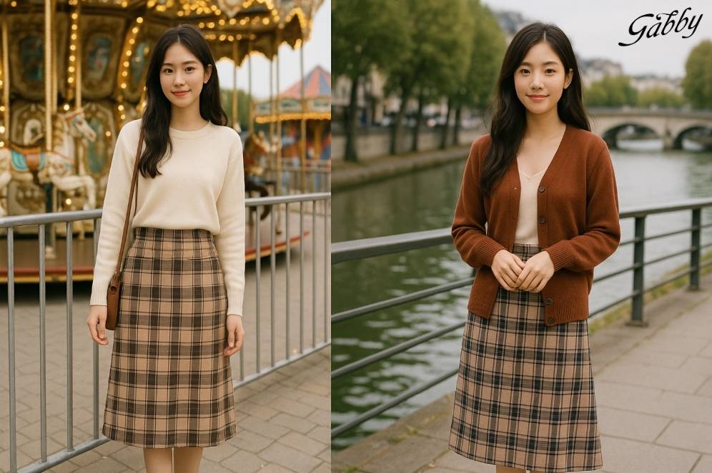 Chân váy caro dài qua gối phối với áo len