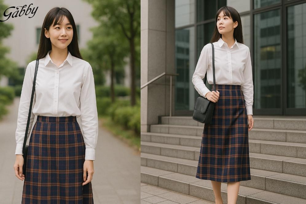 Chân váy caro dài qua gối phối với áo sơ mi