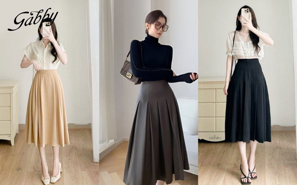 chân váy xếp ly dài mặc với áo gì