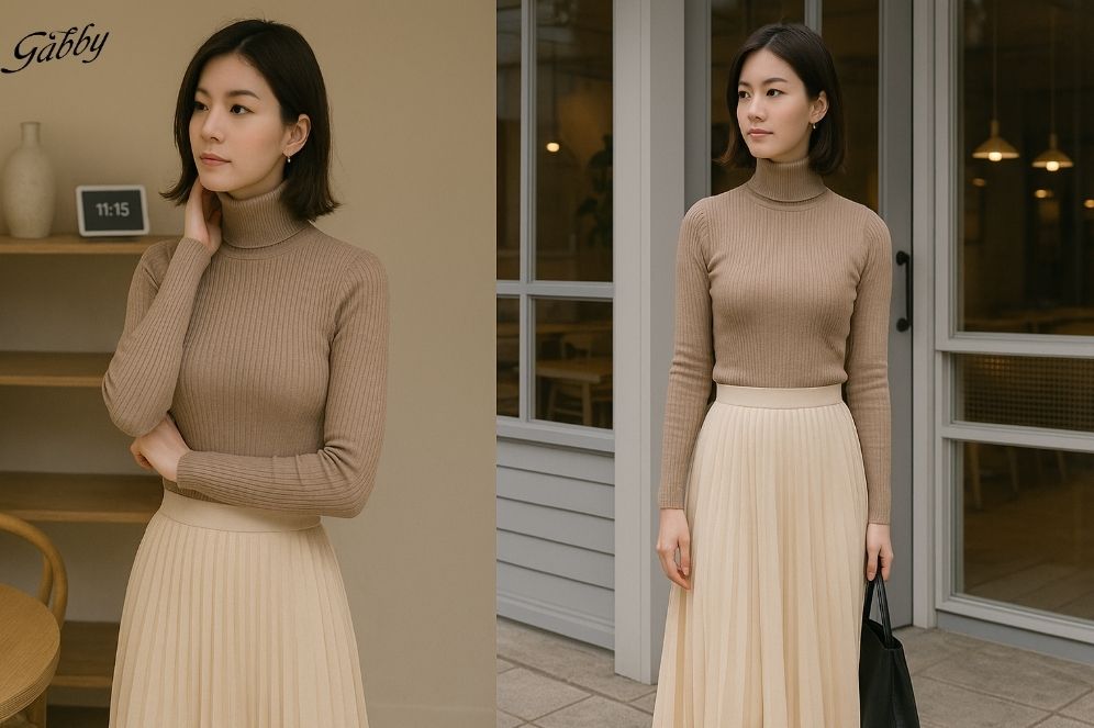 mix chân váy xếp ly dài mùa đông với ao len