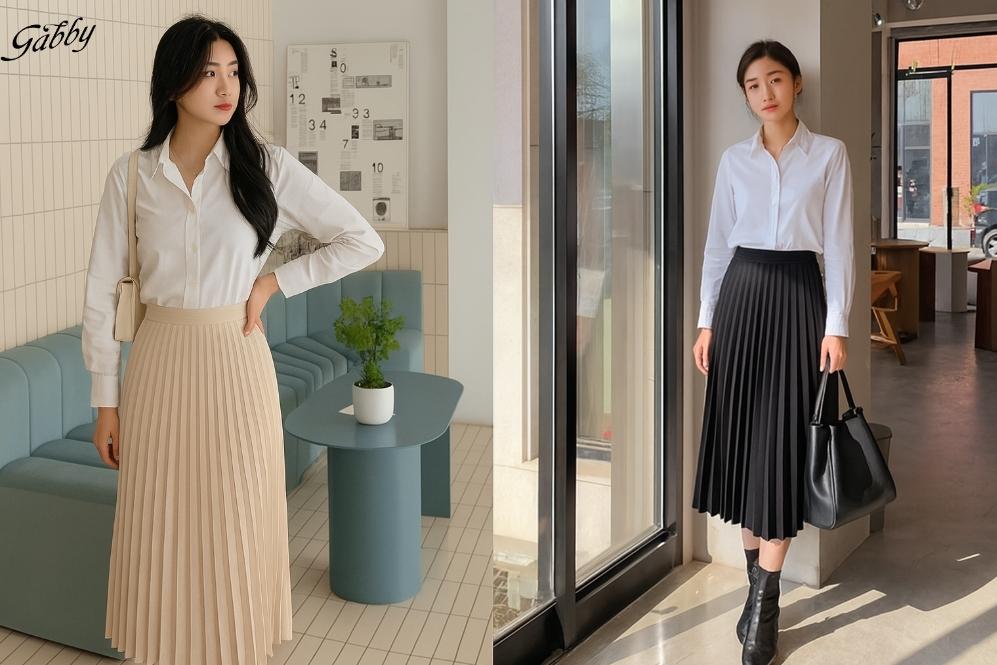 Mix chân váy dài xếp ly mùa đông với áo sơ mi