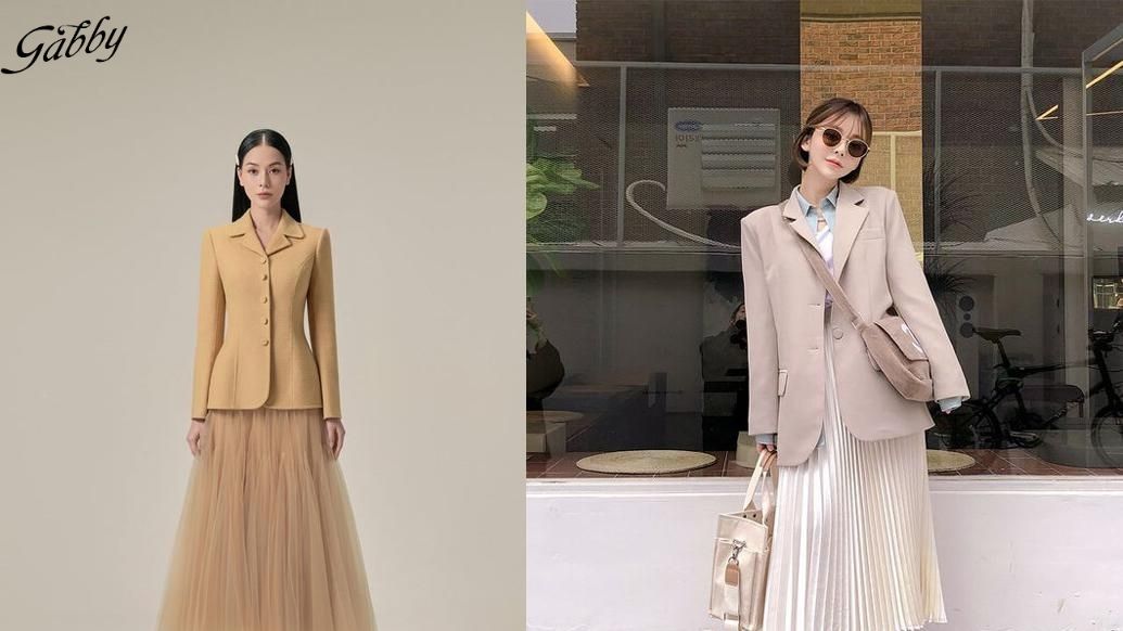 Chân váy xếp ly dài qua gối phối với áo blazer