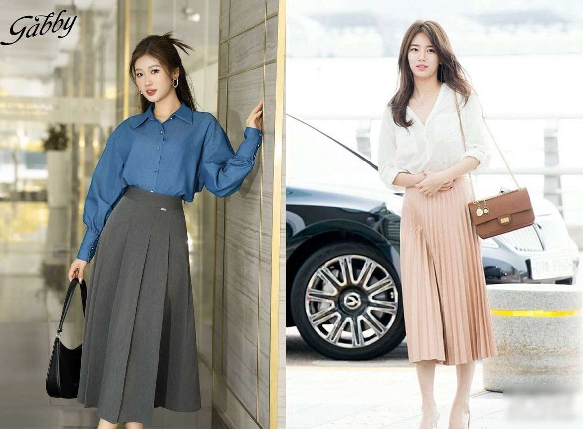 Chân váy xếp ly dài qua gối phối với áo sơ mi