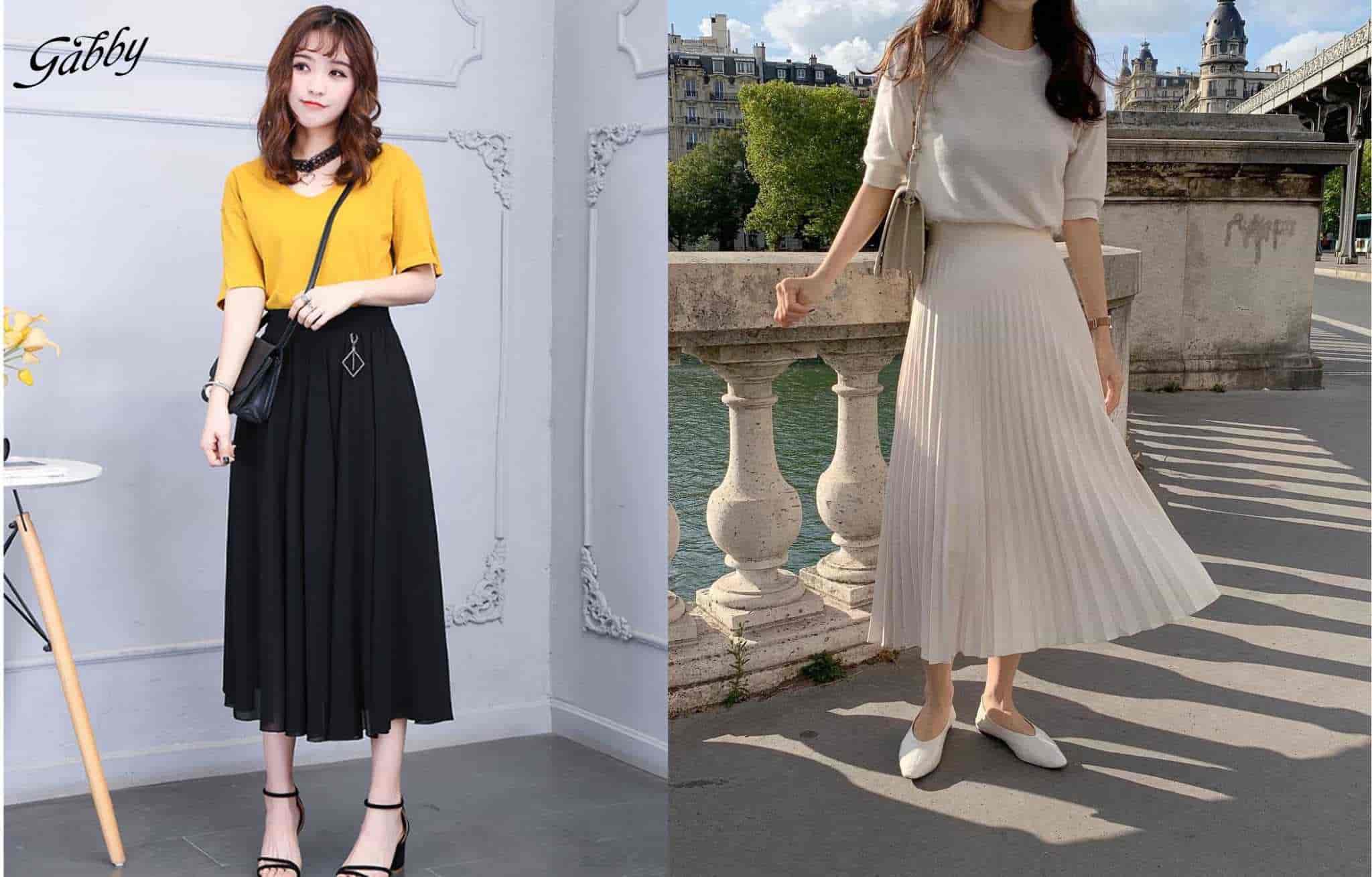 Chân váy xếp ly dài qua gối phối với áo thun