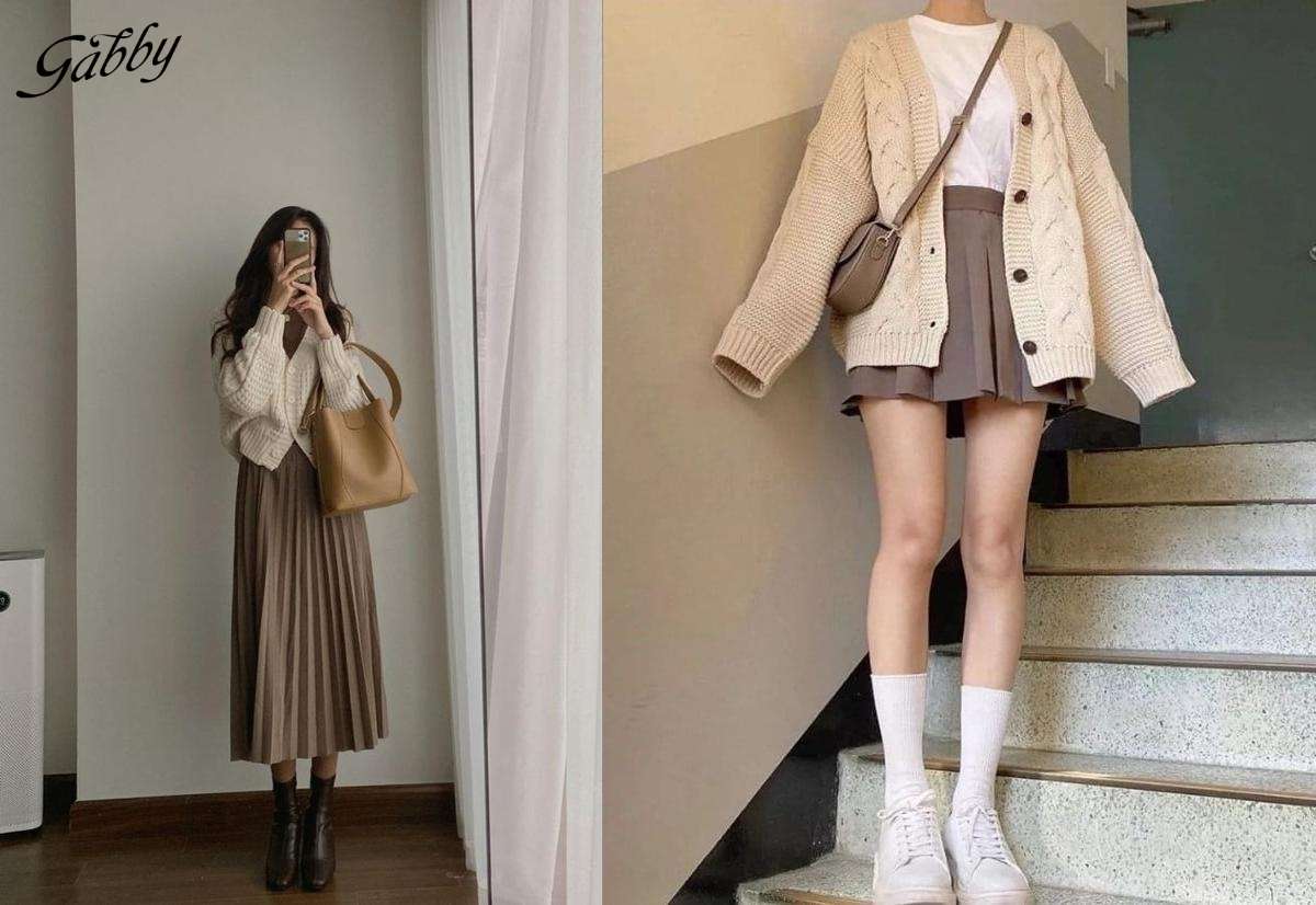 Chân váy xếp ly dài Hàn Quốc phối với áo khoác cardigan