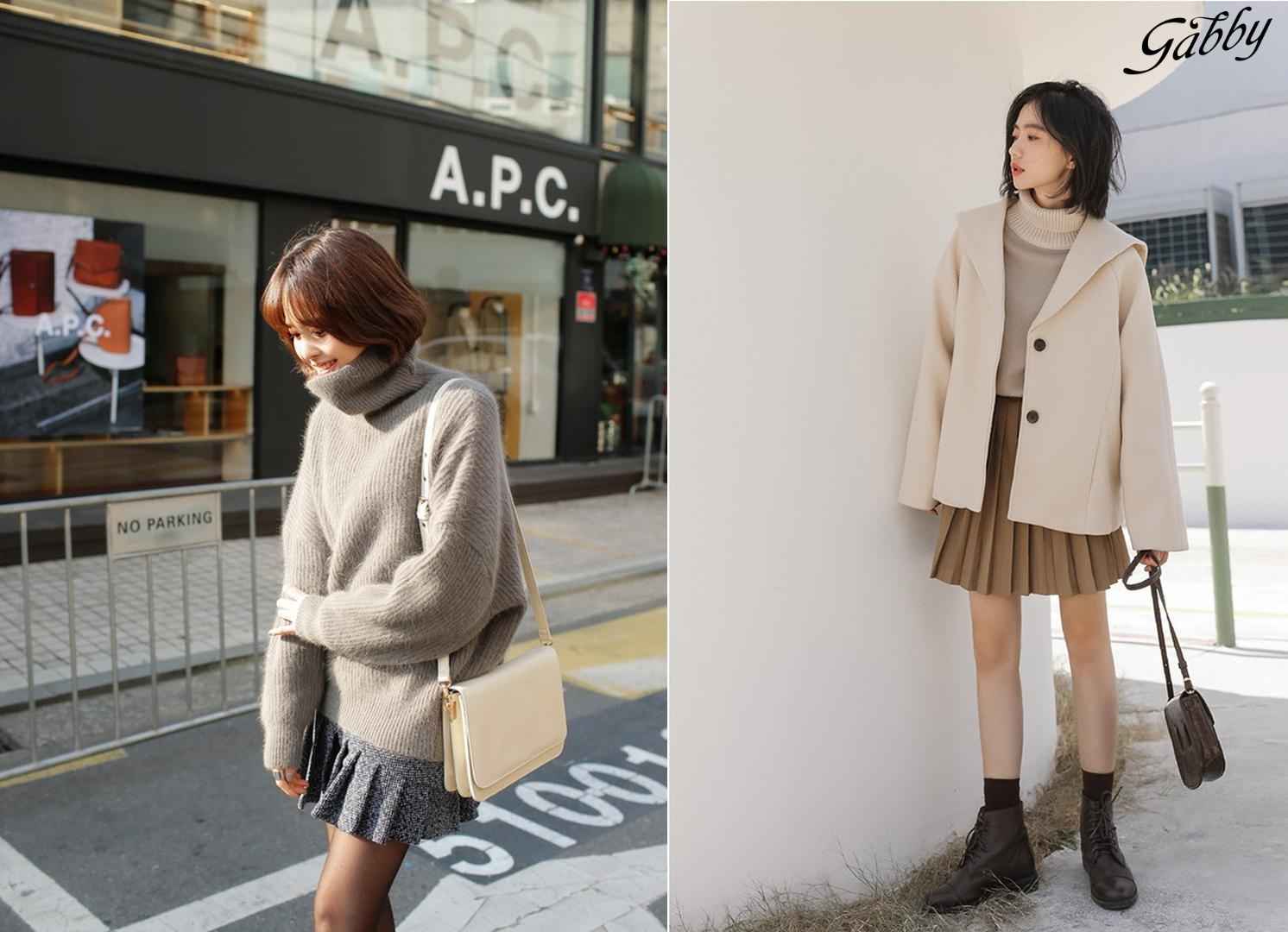 Chân váy xếp ly dài Hàn Quốc phối với áo len cổ lọ