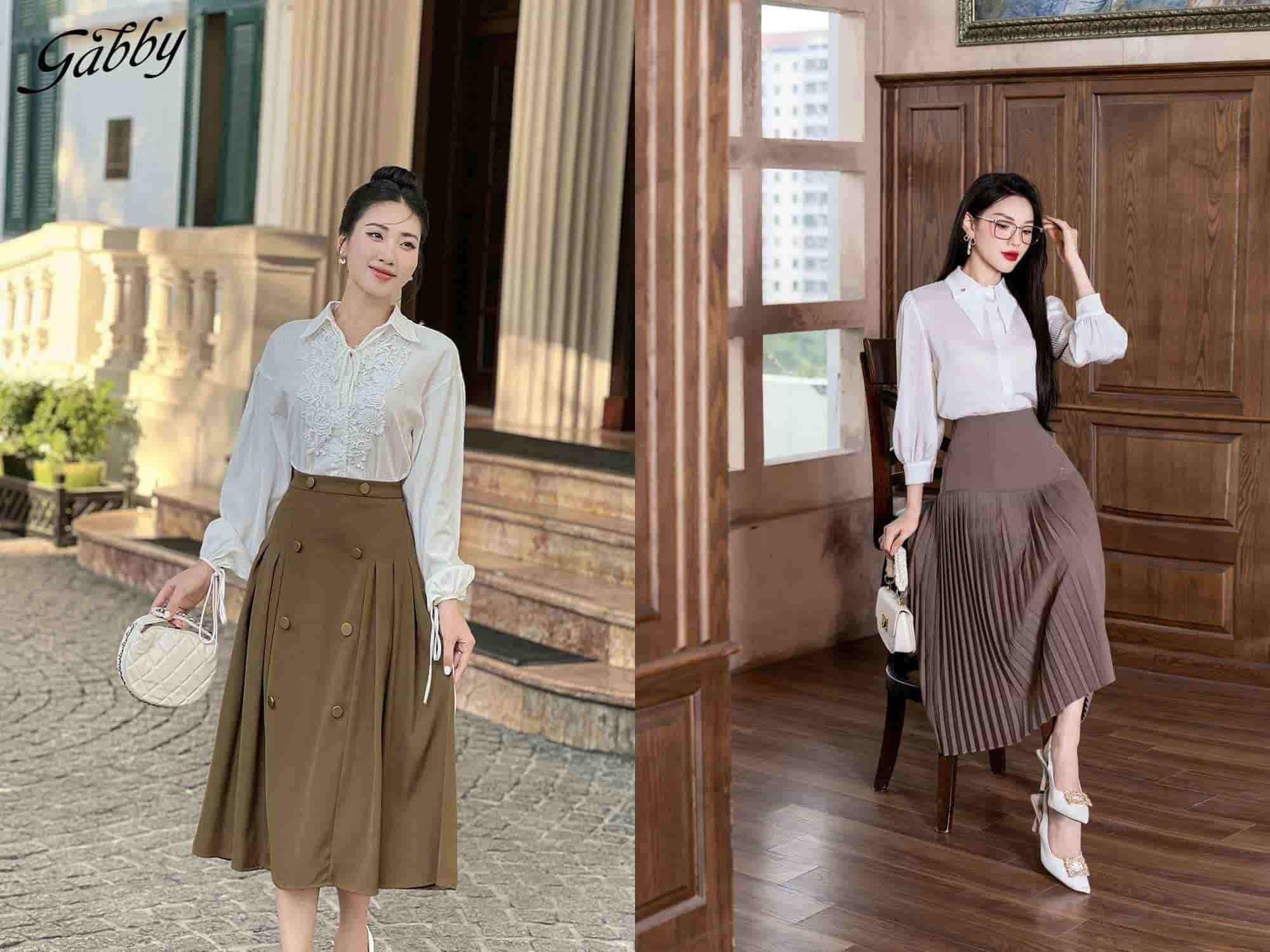 Chân váy xếp ly dài Hàn Quốc phối với áo sơ mi trắng