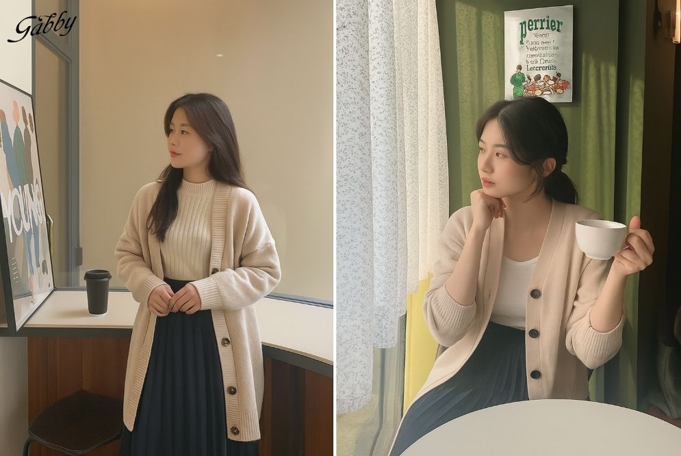 Mix chân váy xếp ly dài mùa đông với áo cardigan