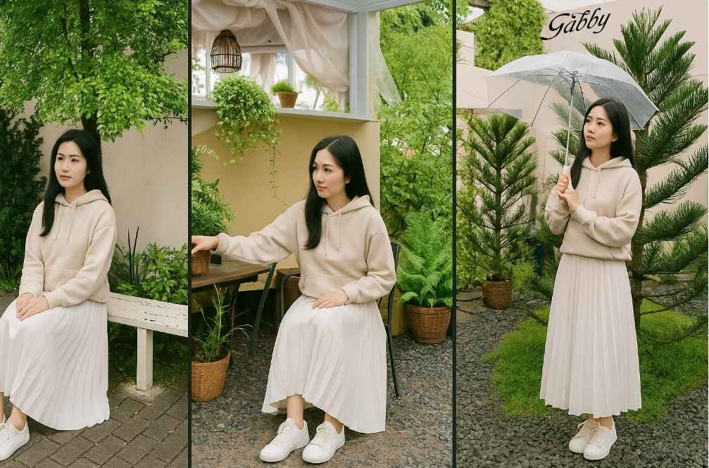 Mix chân váy xếp ly dài mùa đông với áo hoodie