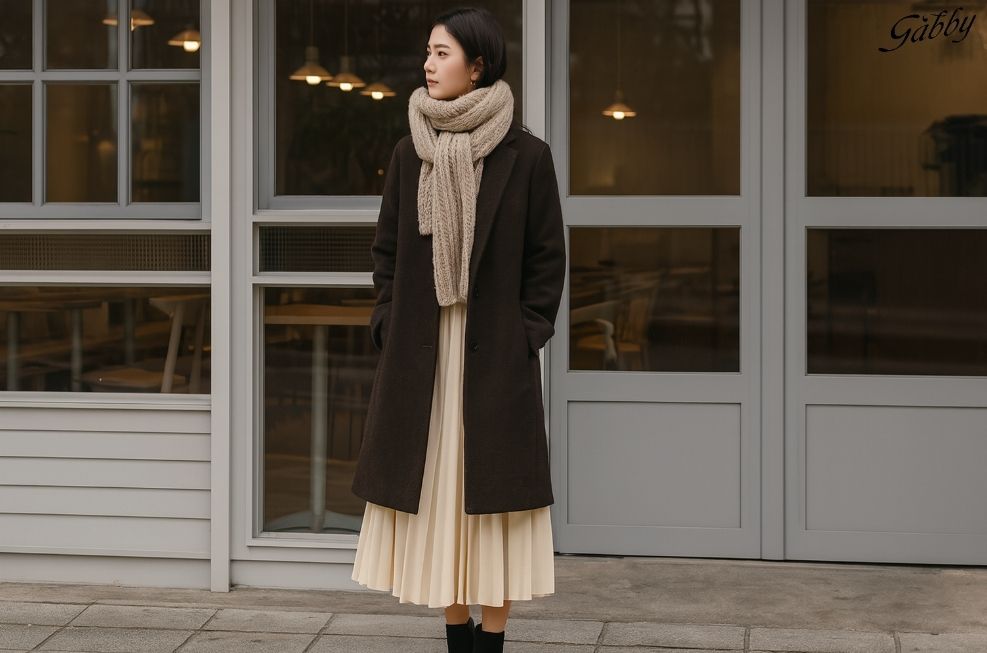 Mix chân váy xếp ly dài mùa đông