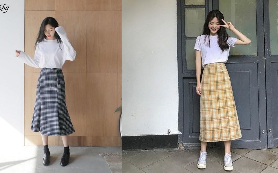 Phối đồ chân váy kẻ caro