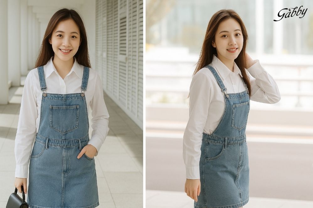 Phối đồ áo sơ mi trắng nữ với váy yếm