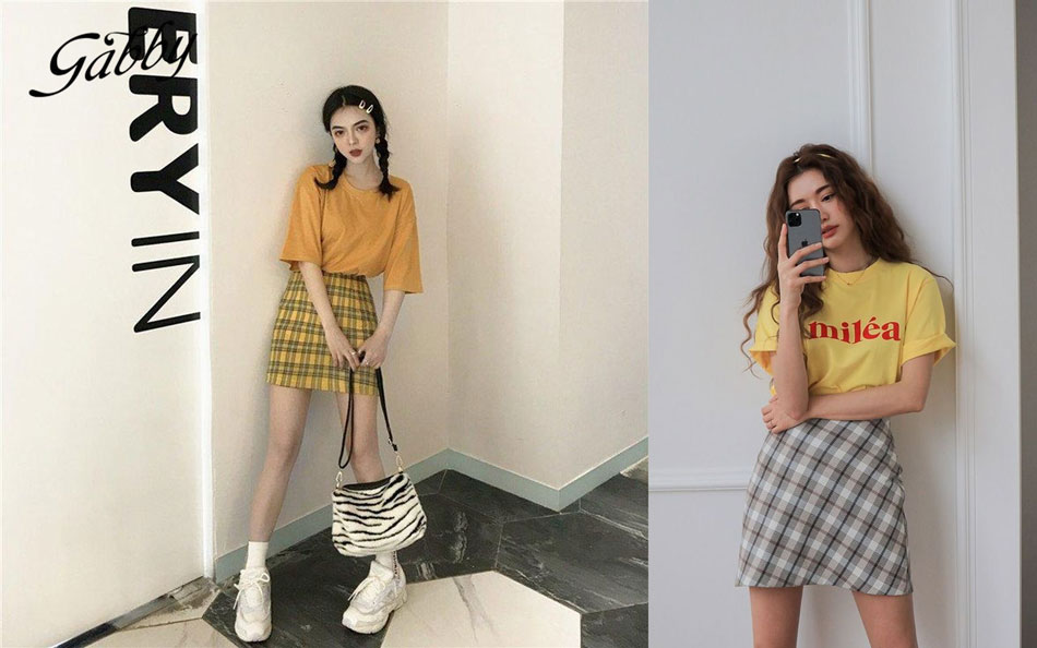 set đồ nổi bật với chân váy caro chữ A