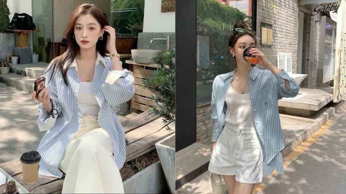 Áo sơ mi kẻ sọc xanh trắng nữ