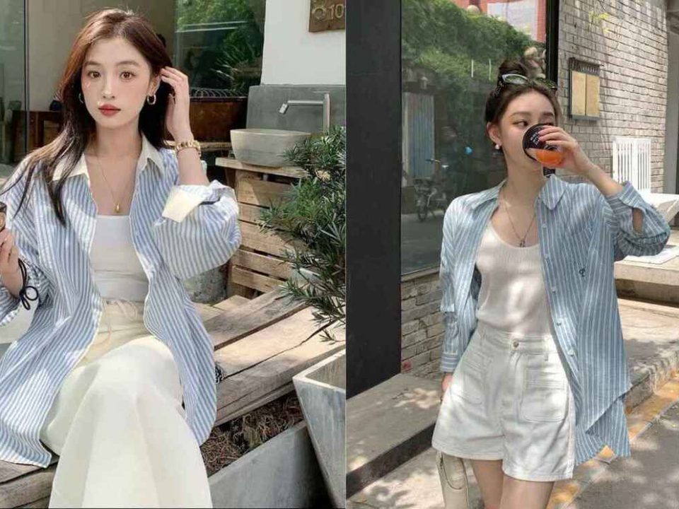 Áo sơ mi kẻ sọc xanh trắng nữ