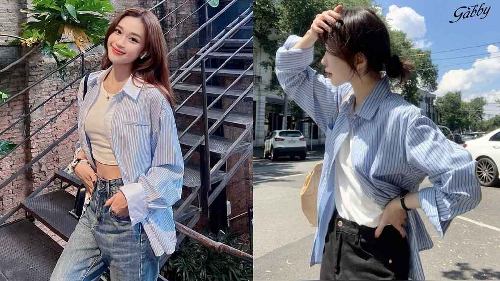 Áo sơ mi kẻ sọc xanh trắng nữ với quần jeans
