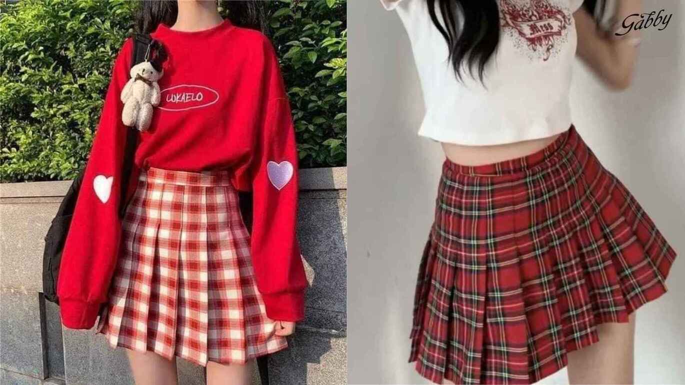 Chân váy caro đỏ dáng xòe