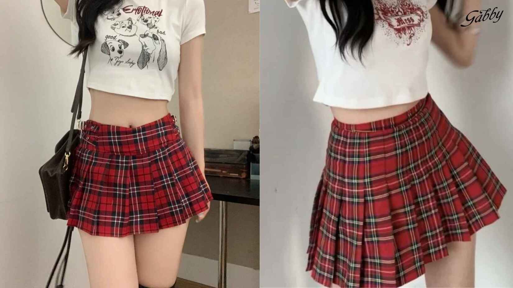 Chân váy caro đỏ với áo thun basic
