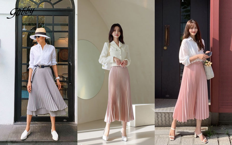 Chân váy xếp ly dài mặc với áo sơ mi