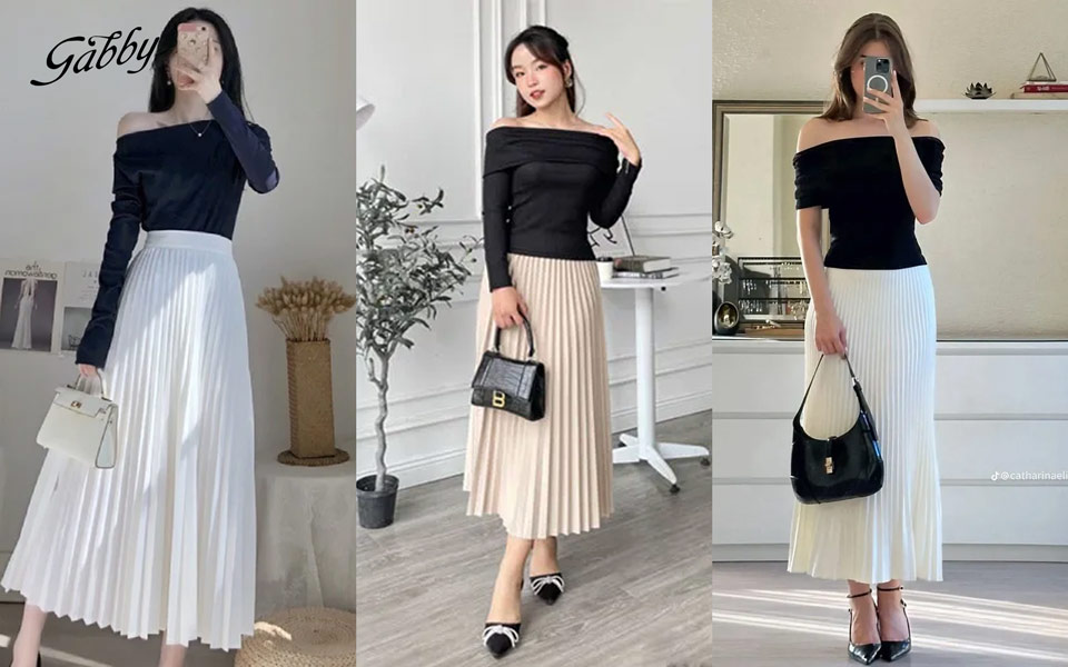 Chân váy xếp ly dài mặc với áo trễ vai