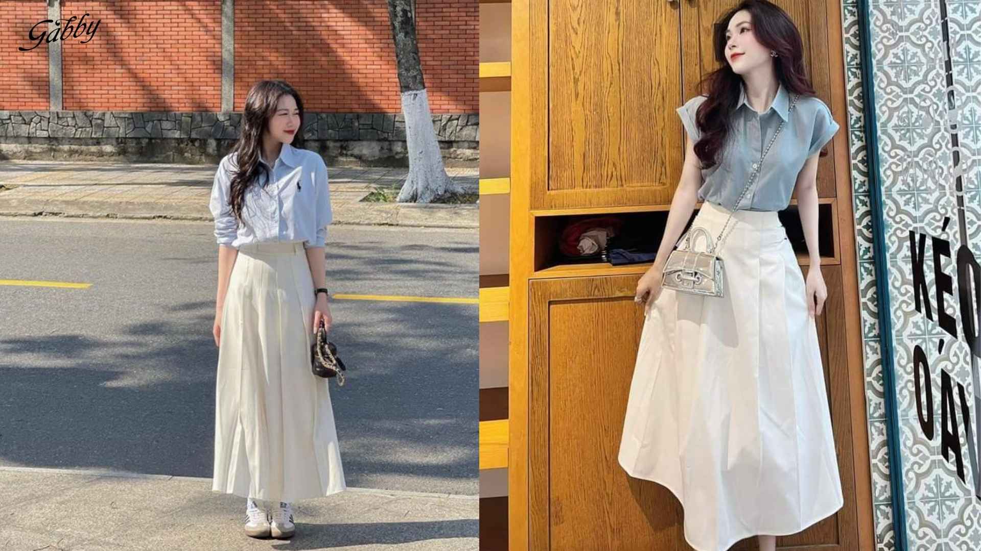Chân váy xếp ly dài với áo sơ mi