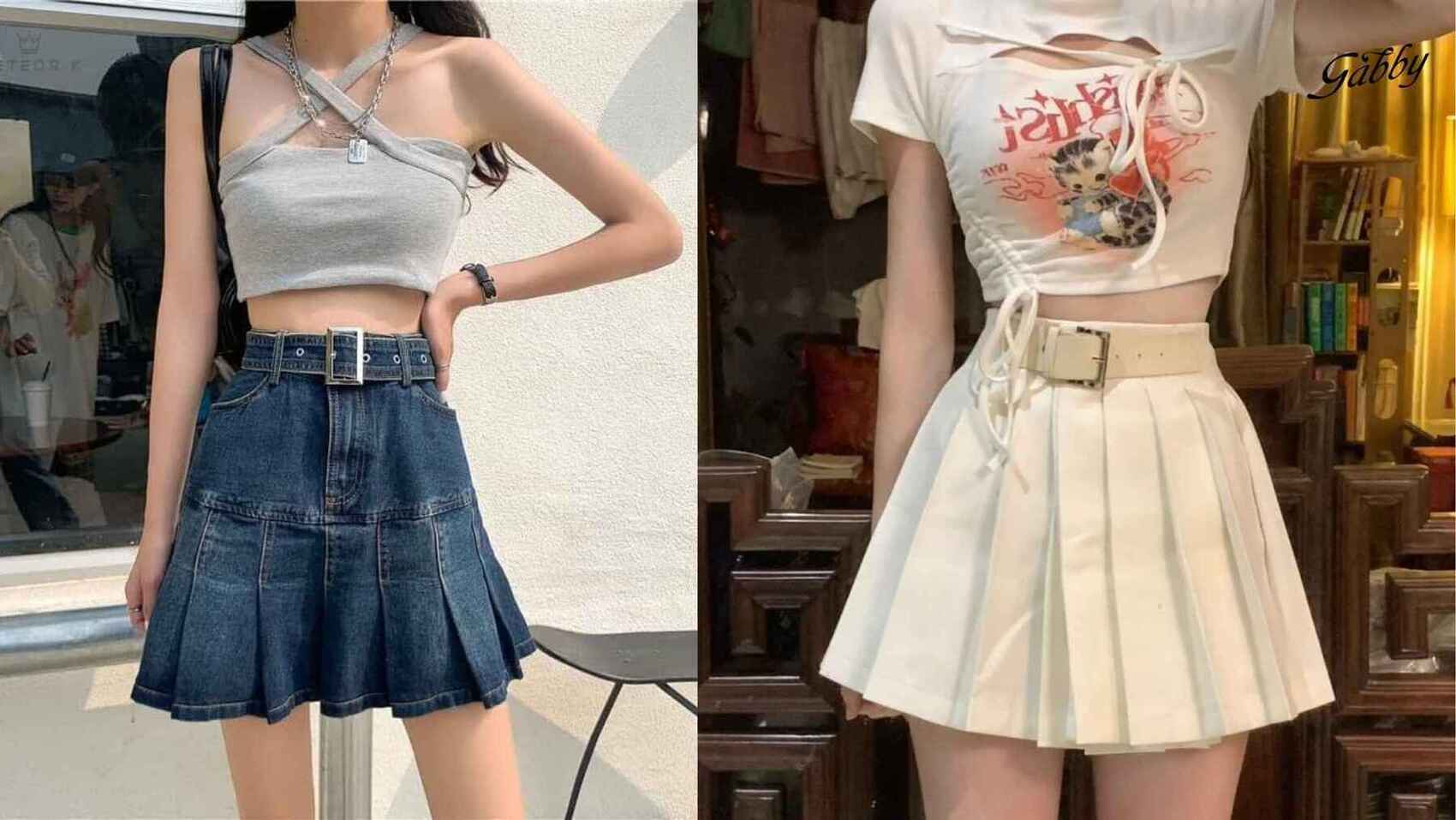 Chân váy xếp ly mặc với áo croptop