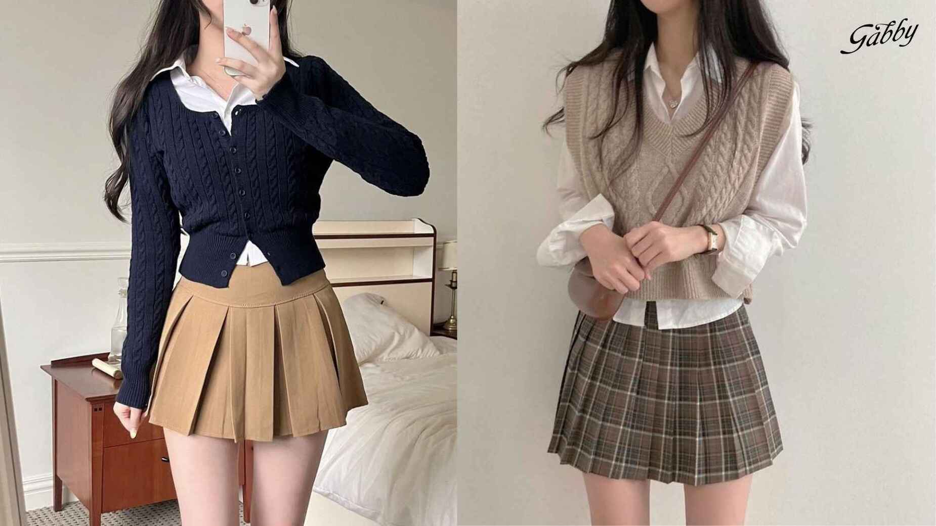 Chân váy xếp ly mặc với áo len