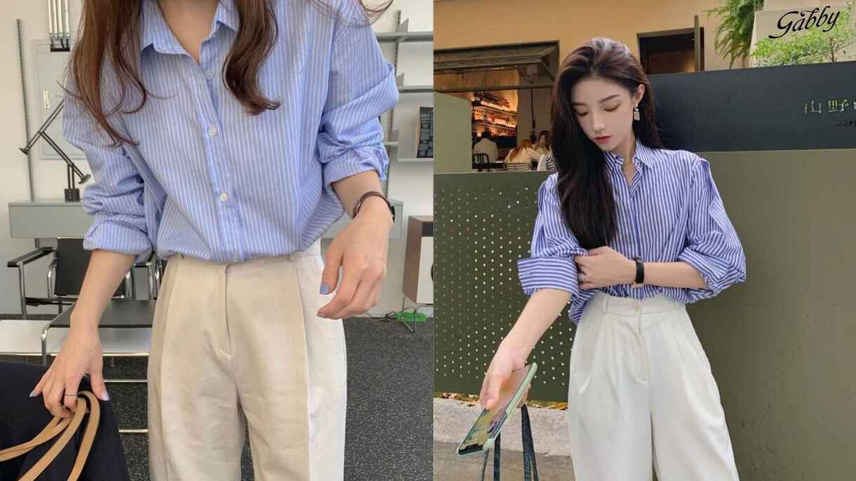 Sơ mi kẻ sọc xanh trắng nữ